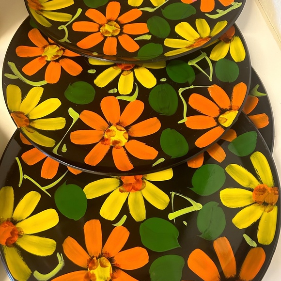 Vintage 1960s Japan MCM Round 13" Tray / Platter Hand Painted Flower Power - Picture 6 of 7